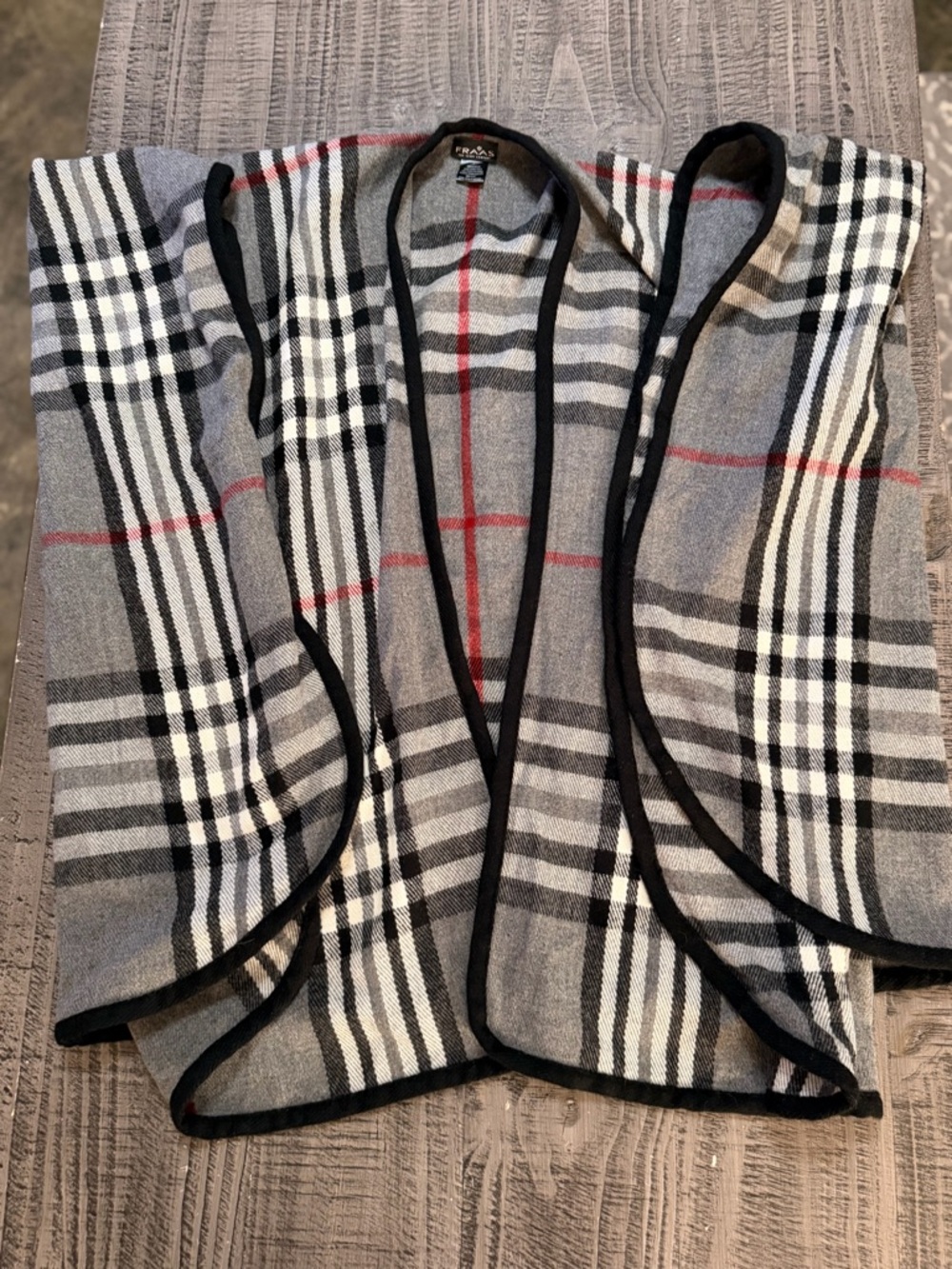 Fraas Gray Plaid Open-Front Shawl with Black Trim and Red Accents